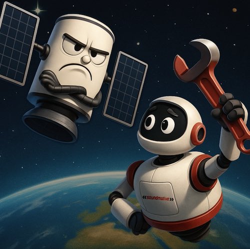 Cartoon: A space robot prepares to decommission a grumpy satellite