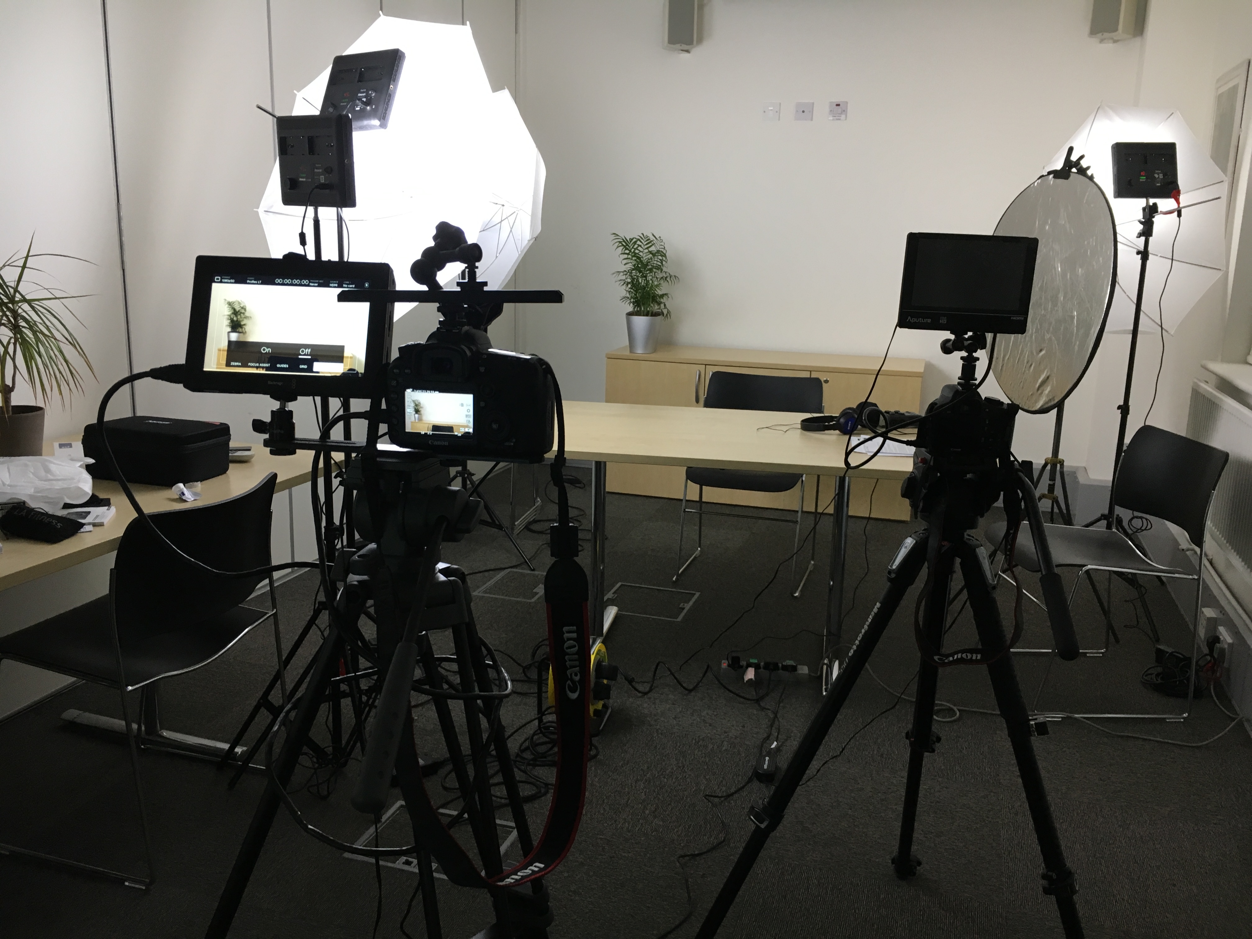 Filming equipment set up in a room