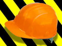 Orange Hard Hat on a yellow and black striped background