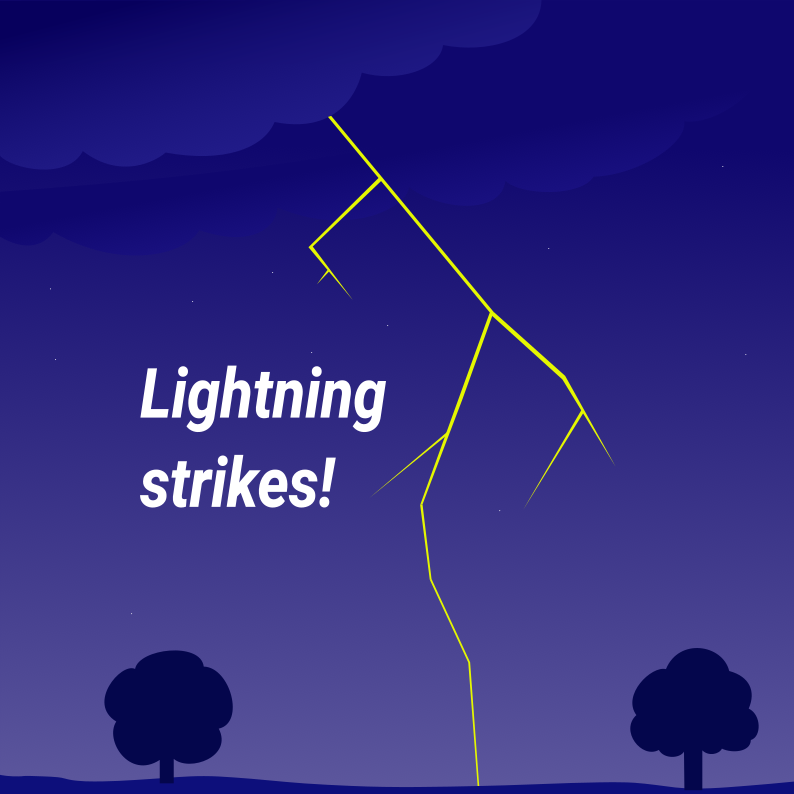 Illustration of a yellow lighting bolt striking on a blue background with the text "Lightning strikes!"