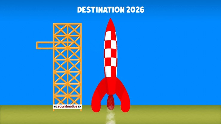 A red and white rocket takes off into space